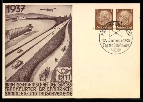 AK Frankfurt /Main, Briefmarken-Sammler und Tauschvereine 1937, Reichsautobahn, Zeppelin und Flugzeug, Ganzsache