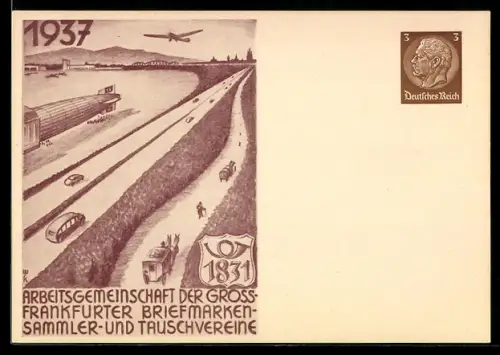 AK Frankfurt /Main, Briefmarken-Sammler und Tauschvereine 1937, Reichsautobahn, Zeppelin und Flugzeug, Ganzsache