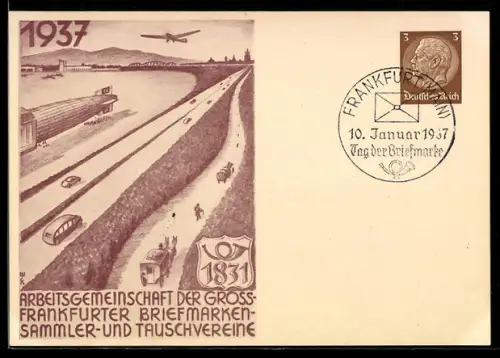 AK Frankfurt /Main, Briefmarken-Sammler und Tauschvereine 1937, Reichsautobahn, Zeppelin und Flugzeug, Ganzsache