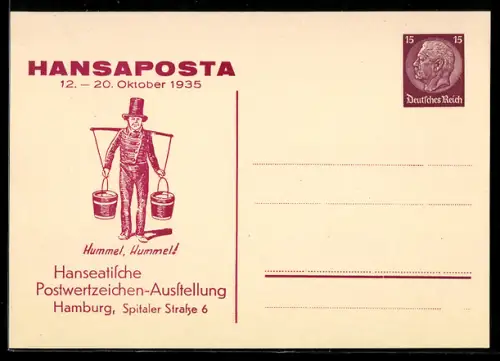 AK Hamburg, Hanseatische Postwertzeichen-Ausstellung, Hansaposta 1935, Hummel, Hummel!, Ganzsache