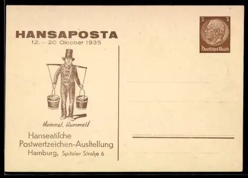 AK Hamburg, Hanseatische Postwertzeichen-Ausstellung, Hansaposta 1935, Hummel, Hummel!, Ganzsache