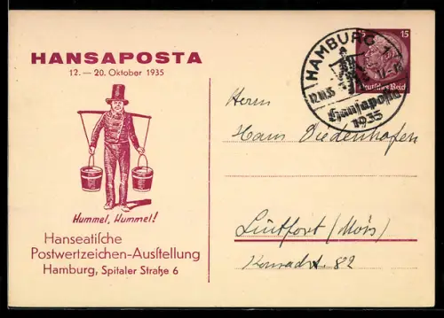 AK Hamburg, Hanseatische Postwertzeichen-Ausstellung Hansaposta 1935, Wasserträger Hummel, Ganzsache