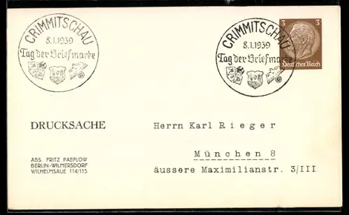 AK Crimmitschau, Stempel Tag der Briefmarke 1939, Ganzsache