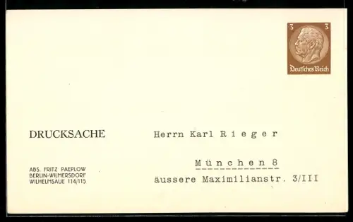 AK Ganzsache, Absender Fritz Paeplow, Berlin