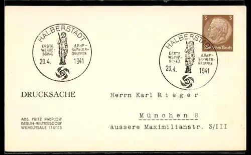 AK Halbertstadt, Sonderstempel Erste Werbeschau der KdF Sammler-Gruppen 1941, , Ganzsache