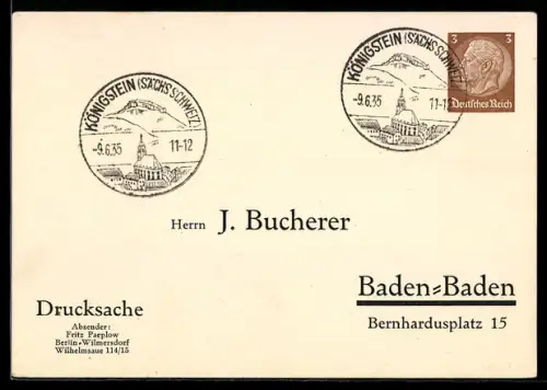 AK Ganzsache PP122 B4/02: Königstein /Sächs. Schweiz, Sonderstempel 1935