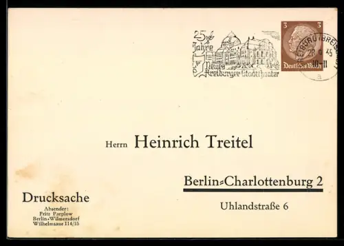 AK Freiburg, Stempel 25 Jahre Freiburger Stadttheater 1935, Ganzsache