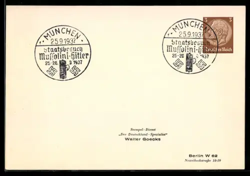 AK München, Stempel Staatsbesuch Mussolini- 1937, Ganzsache