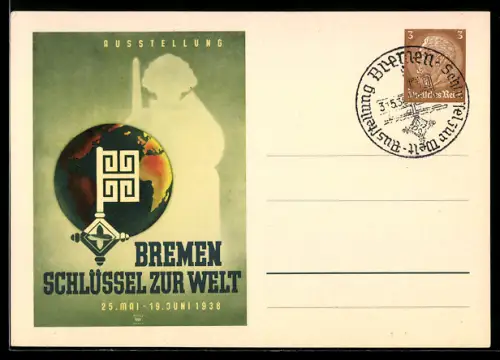 AK Bremen, Ausstellung Schlüssel zur Welt 1938, Sonderstempel, Ganzsache