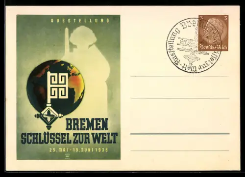 AK Bremen, Ausstellung Schlüssel zur Welt 1938, Sonderstempel, Ganzsache