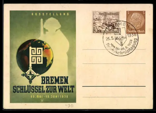 AK Bremen, Ausstellung Schlüssel zur Welt 1938, Sonderstempel, Ganzsache