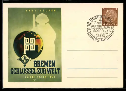 AK Bremen, Ausstellung Schlüssel zur Welt 1938, Ganzsache, Sonderstempel