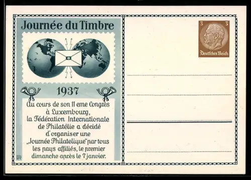 AK Tag der Briefmarke, 1937, 11. Kongress der Fédération Internationale de Philatelie in Luxemburg, Ganzsache