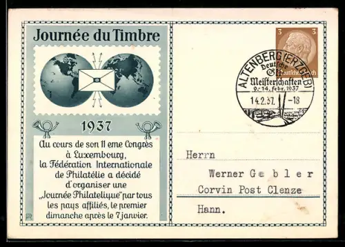 AK Altenberg /Erzgeb., Deutsche Ski-Meisterschaften 1937, Journee du Timbre 1937, Ganzsache