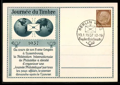 AK Berlin, Tag der Briefmarke 1937, Journee du Timbre 1937, Ganzsache