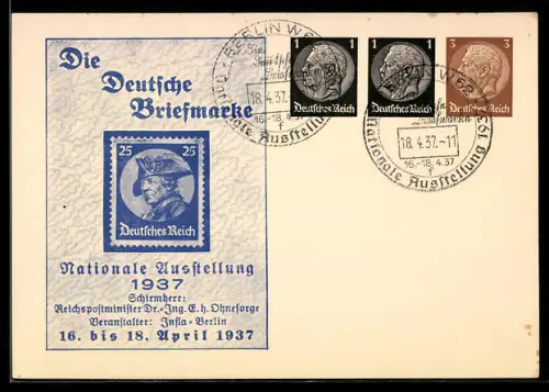 AK Berlin, Nationale Ausstellung Die Deutsche Briefmarke 1937, Briefmarke Portrait König Friedrich II., Ganzsache