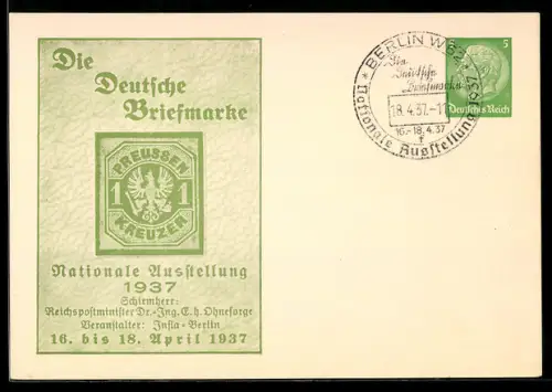 AK Berlin, Nationale Ausstellung Die Deutsche Briefmarke 1937, Briefmarke 1 Kreuzer Preussen, Ganzsache