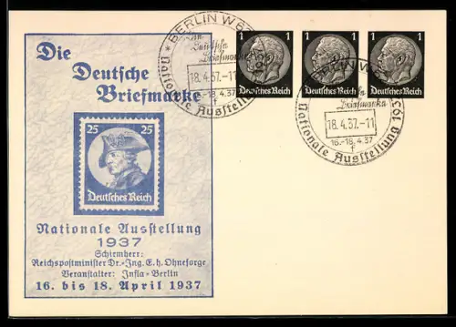AK Berlin, Nationale Ausstellung Die Deutsche Briefmarke 1937, Sonderstempel, Ganzsache
