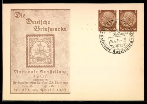 AK Berlin, Nationale Ausstellung Die Deutsche Briefmarke 1937, Briefmarke Deutsches Reich Luftschutz, Ganzsache