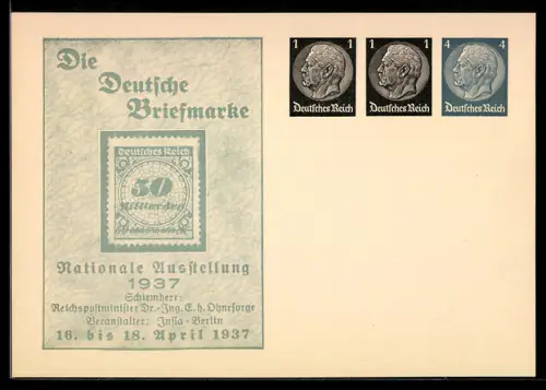 AK Berlin, Nationale Ausstellung Die Deutsche Briefmarke 1937, Ganzsache