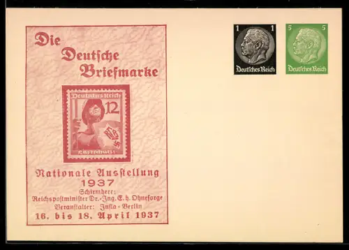 AK Berlin, Nationale Ausstellung Die Deutsche Briefmarke 1937, Ganzsache, 