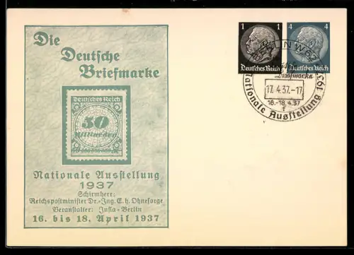AK Berlin, Nationale Ausstellung Die Deutsche Briefmarke 1937, Ganzsache, Sonderstempel