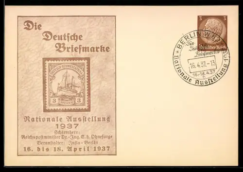 AK Berlin, Ausstellung Die Deutsche Briefmarke 1937, Veranstalter Infla-Berlin, Ganzsache, Sonderstempel