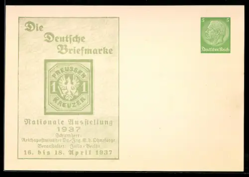 AK Berlin, Nationale Ausstellung Die Deutsche Briefmarke 1937, Briefmarke 1 Kreuzer Preussen, Ganzsache