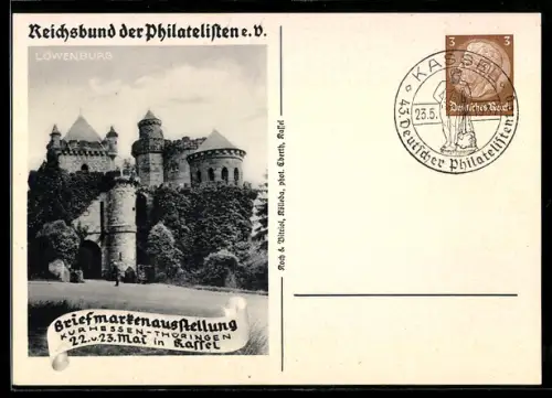 AK Kassel, 43. Deutscher Philatelistentag 1937, Briefmarken-Ausstellung 1937, Blick auf die Löwenburg, Ganzsache