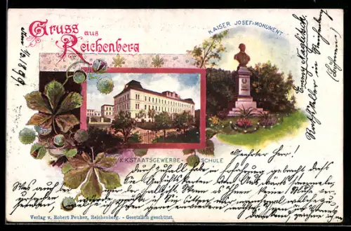 AK Reichenberg, Kaiser Josef Monument, Staatsgewerbe-Schule