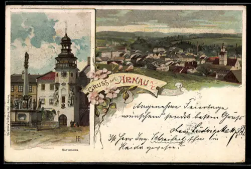 Lithographie Arnau / Hostinne, Rathaus, Teilansicht