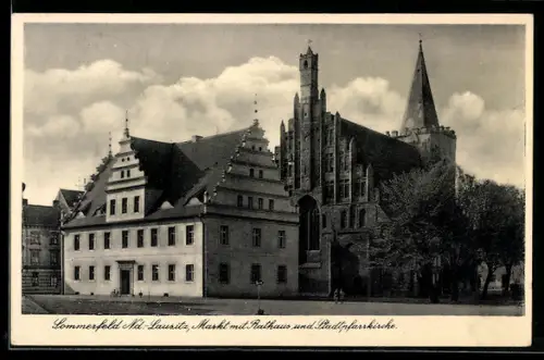 AK Sommerfeld-Lubsko, Markt mit Rathaus und Stadtpfarrkirche