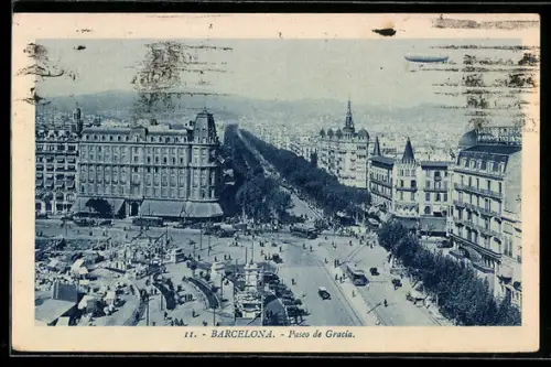 AK Barcelona, Pasco de Gracia, Zeppelin, Strassenbahn