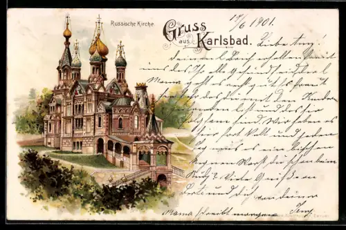 Lithographie Karlsbad, Partie an der Russischen Kirche