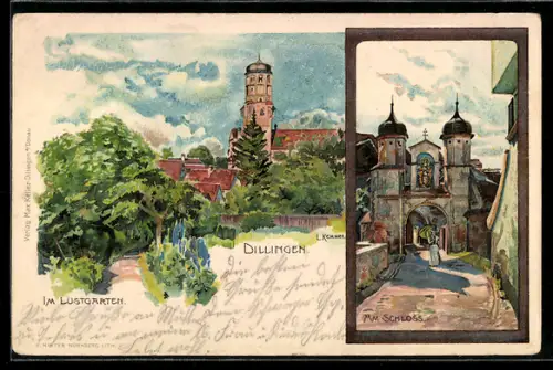 Künstler-AK Dillingen, Am Schloss, Im Lustgarten