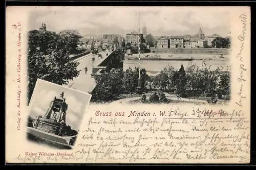 AK Minden i. W., Weserbrücke, Kaiser Wilhelm-Denkmal