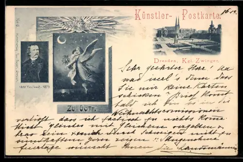 AK Dresden, Königlicher Zwinger, Portrait von Kaulbach, sich umarmende Engel