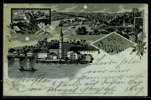 Mondschein-Lithographie Passau, Totalansicht, Oberhaus und Ruderer vor Kirche