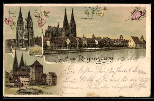 Lithographie Regensburg, Moltke-Platz und Römerthurm, Dom