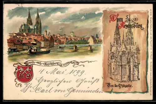 Lithographie Regensburg, Ortsansicht und Dom von der Ostseite