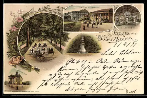 Lithographie Baden-Baden, Conversationshaus, Salon Louis XV. und Lichtentaler Allee