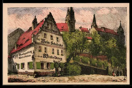 Steindruck-AK Meissen, Gasthof Winkelkrug mit Grünanlagen