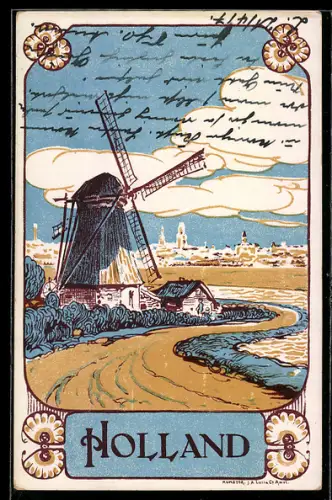 Künstler-AK Haag, Lange oorhout 45, Weg zur Windmühle