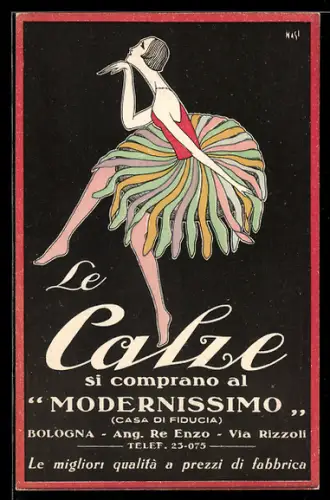AK Bologna, Reklame des Stumpfwaren-Geschäfts Modernissimo im Art Deco-Design, Via Rizzoli