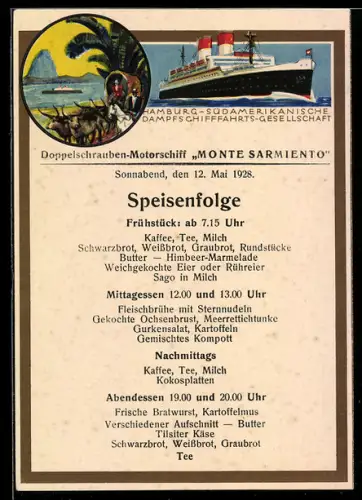 AK Menükarte Monte Sarmiento, Speisenfolge am 12. Mai 1928