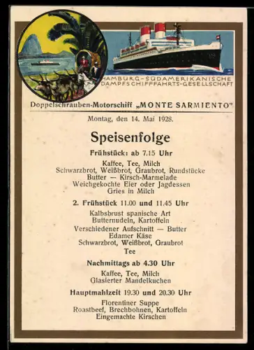 AK Menükarte Monte Sarmiento, Speisenfolge am 14. Mai 1928