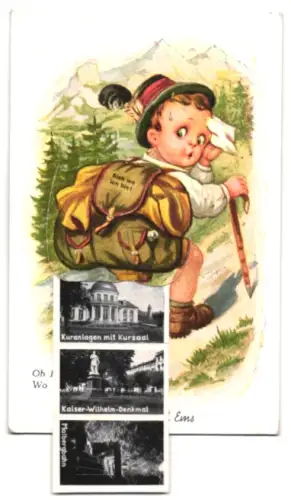 Leporello-AK Bad Ems, Kaiser-Wilhelm-Denkmal, Malbergbahn, Kurmittelhaus, Kursaal und Kuranlagen, Junger Wanderer