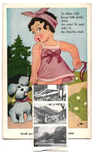 Leporello-AK Berchtesgaden, Watzmann, Königsee, Obersee, Kirche in Ramsau, Mädchen mit Hund