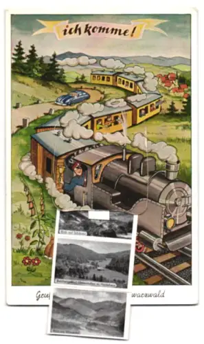 Leporello-AK Schönau /Schwarzwald, Talstrasse, Belchenhaus, Blick auf Schönau, Eisenbahn unter Dampf