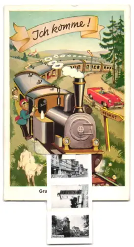Leporello-AK Bad Hersfeld, Wandelhalle im Kurpark, Strandbad, Wachtturm, Breitenstrasse, Eisenbahn unter Dampf